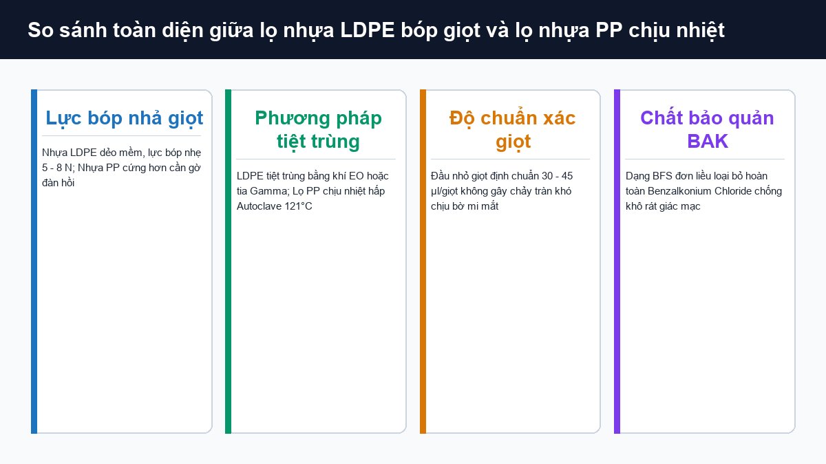 So sánh lọ nhựa LDPE và lọ PP nhỏ mắt về lực bóp tiệt trùng và kiểm soát giọt