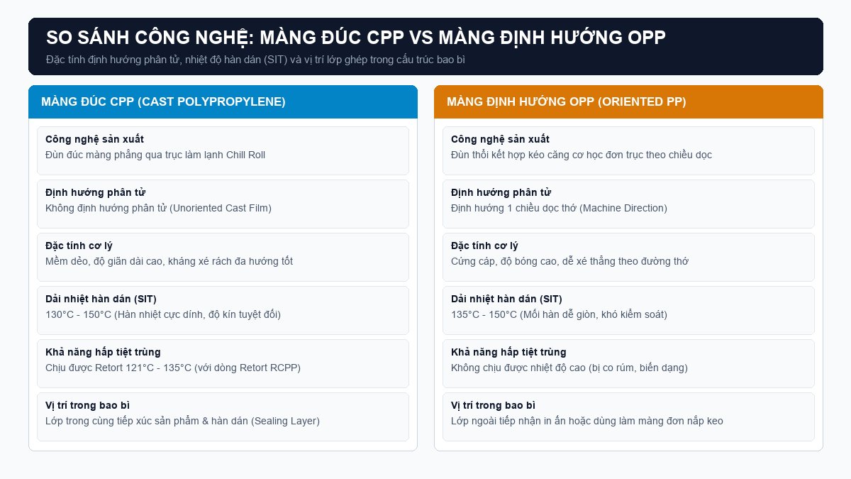Sơ đồ kỹ thuật đối chiếu cấu trúc phân tử nhiệt độ hàn dán SIT giữa màng đúc CPP và màng OPP