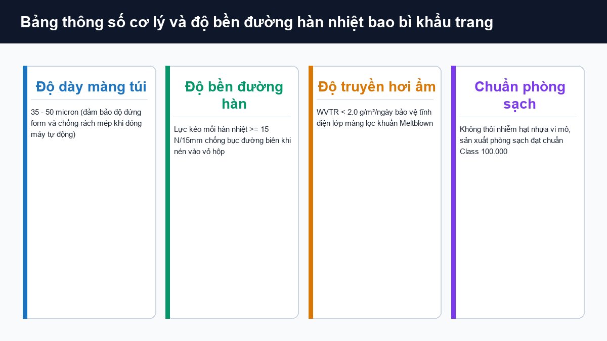 Thông số độ dày độ bền đường hàn nhiệt và tiêu chuẩn phòng sạch bao bì khẩu trang