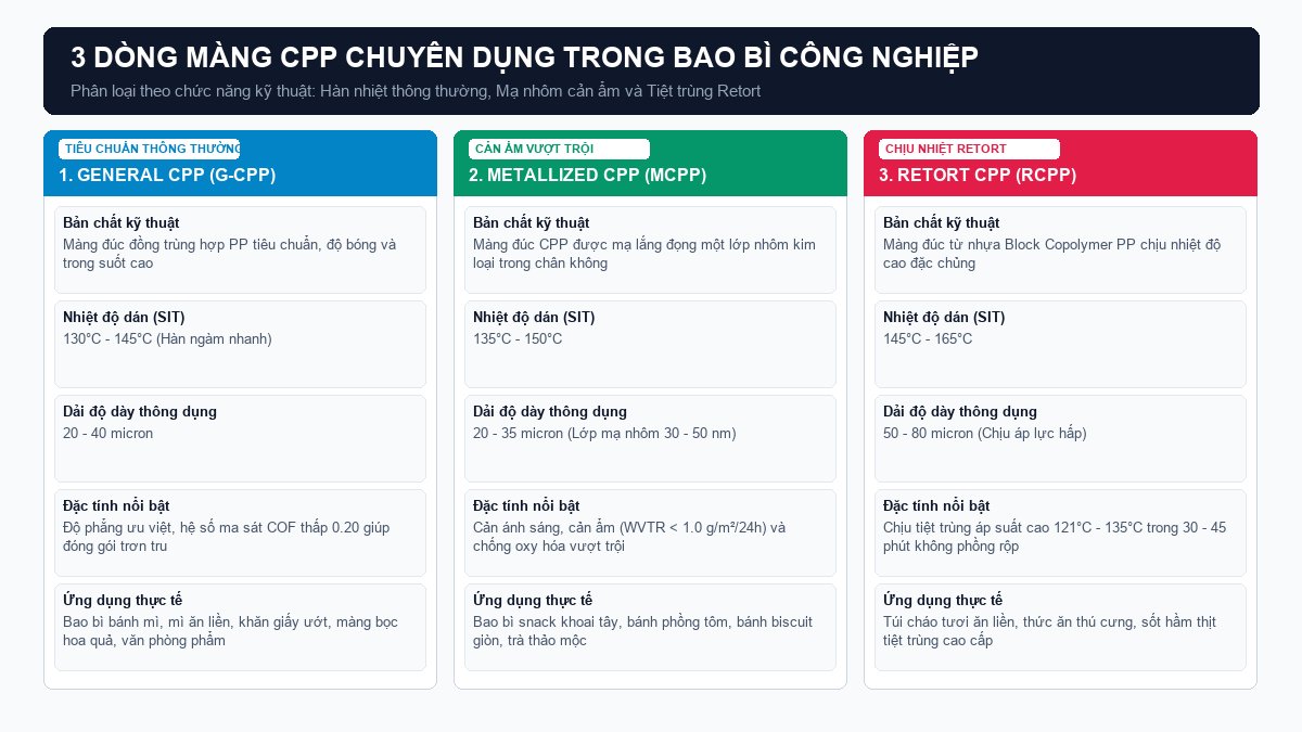 Sơ đồ phân loại 3 dòng màng CPP công nghiệp gồm General CPP Metallized MCPP và Retort RCPP chịu nhiệt