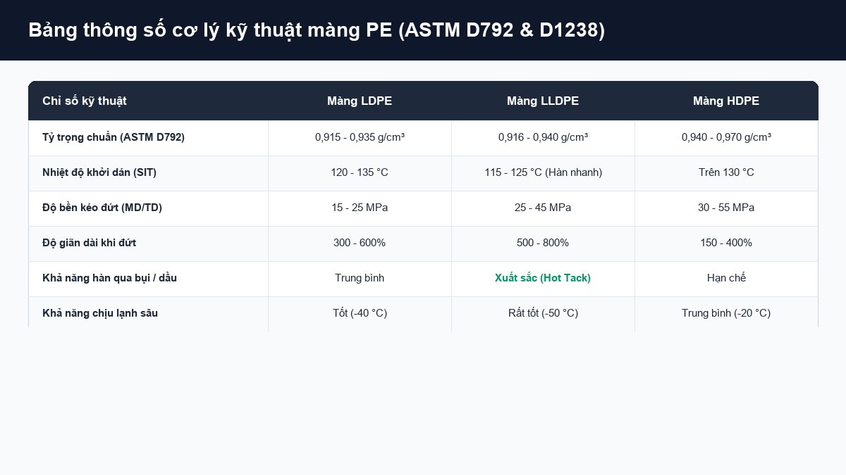 Bảng đối chiếu thông số cơ lý kỹ thuật tỷ trọng dải nhiệt dán SIT độ bền kéo đứt màng PE theo chuẩn ASTM