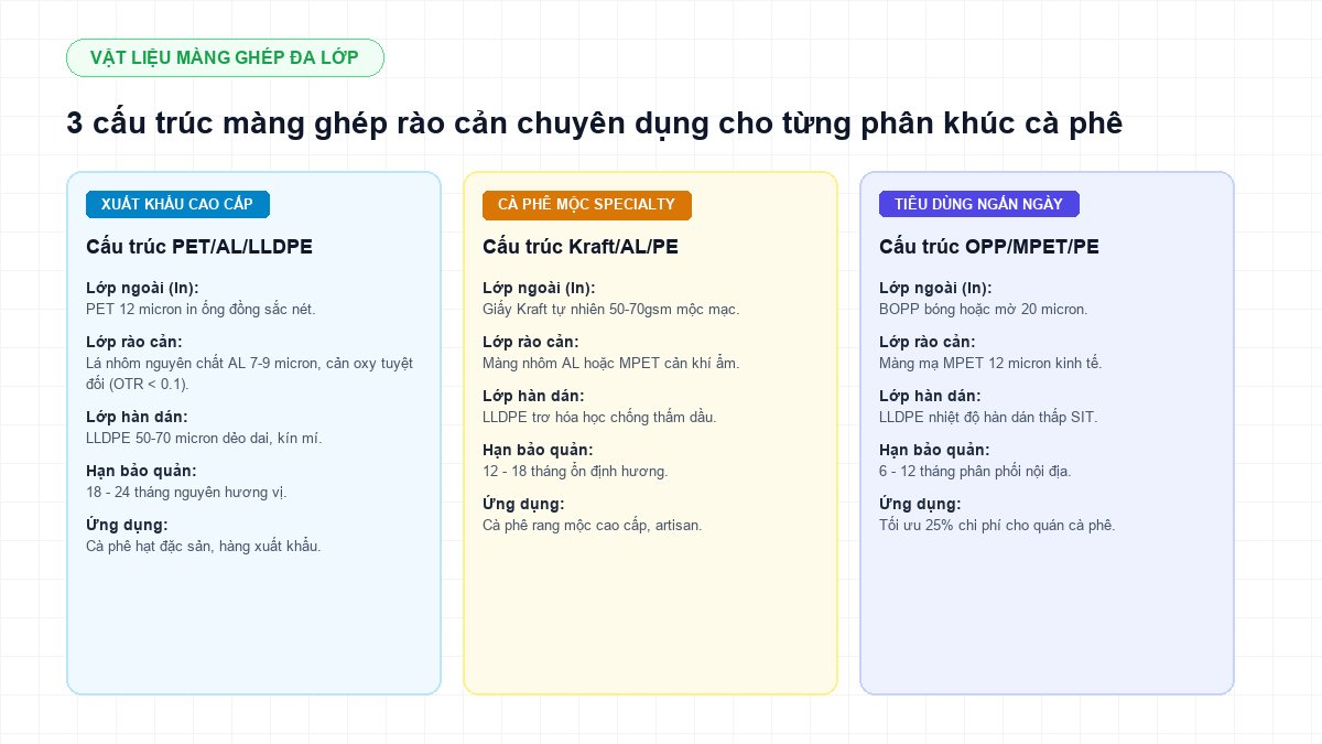 sơ đồ 3 cấu trúc màng ghép bao bì cà phê pet al pe kraft al pe