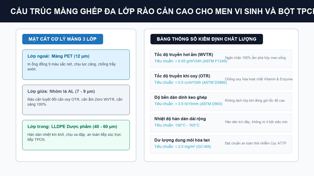 Cấu trúc màng ghép đa lớp PET AL PE cản ẩm Zero WVTR bảo vệ men vi sinh sống