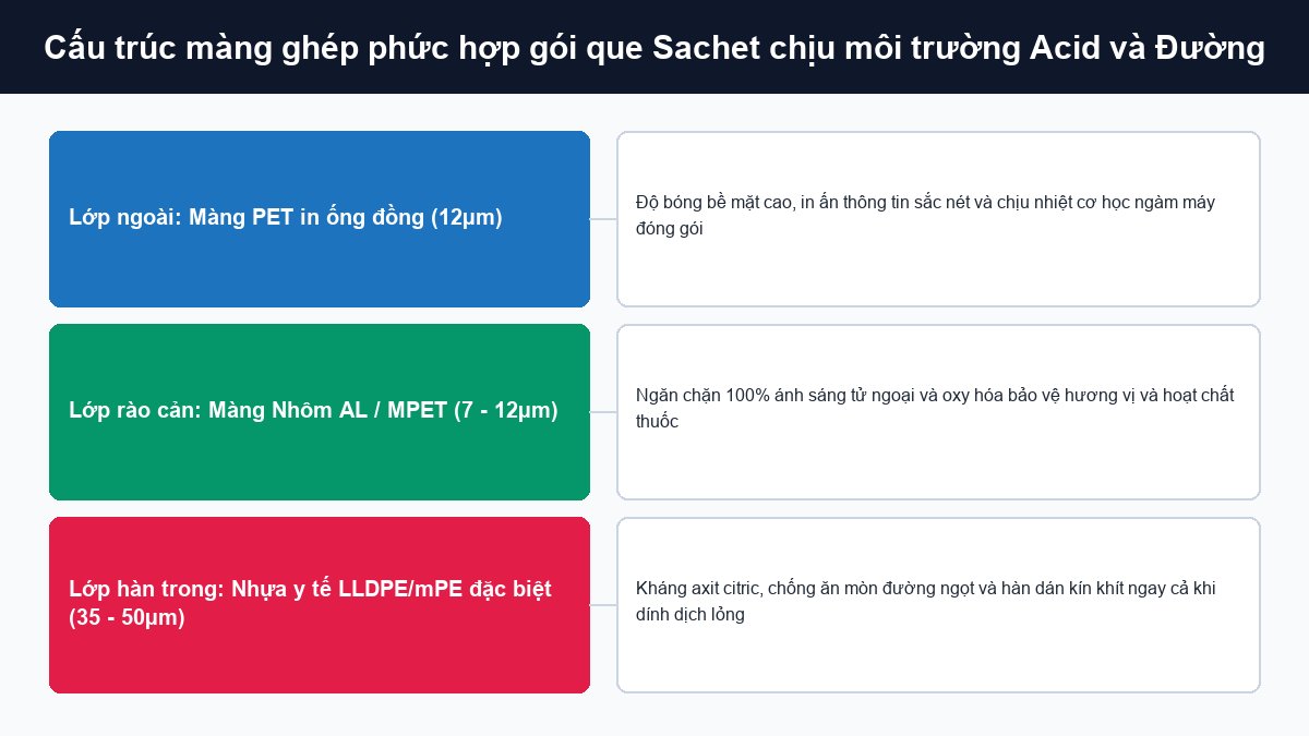 Cấu trúc màng ghép phức hợp túi sachet PET AL PE chịu môi trường acid và đường
