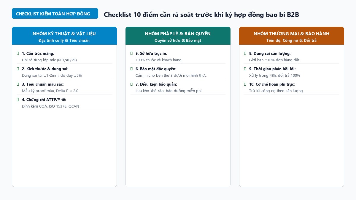 Bảng checklist 10 điểm cần rà soát trước khi ký hợp đồng gia công bao bì màng ghép B2B
