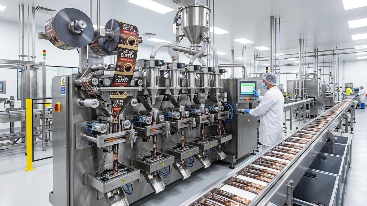 Máy đóng gói màng cuộn bao bì cà phê hoà tan tự động nhiều làn
