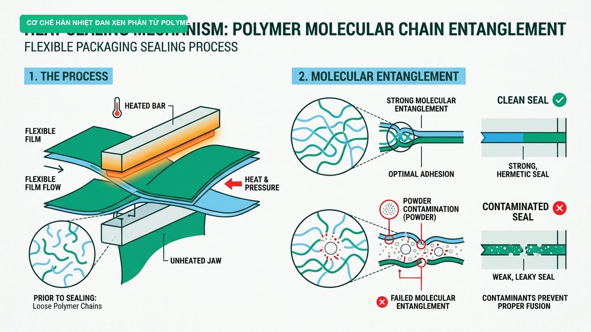 Đồ họa minh họa cơ chế hàn dán nhiệt đan xen chuỗi phân tử polyme sạch vs dính bụi nguyên liệu gây rò rỉ