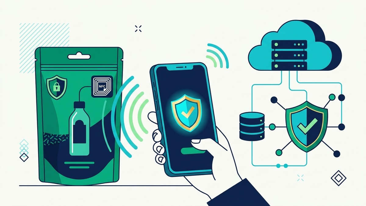 Đồ họa minh họa công nghệ chip NFC và RFID bảo mật không dây chống sao chép trên bao bì sản phẩm