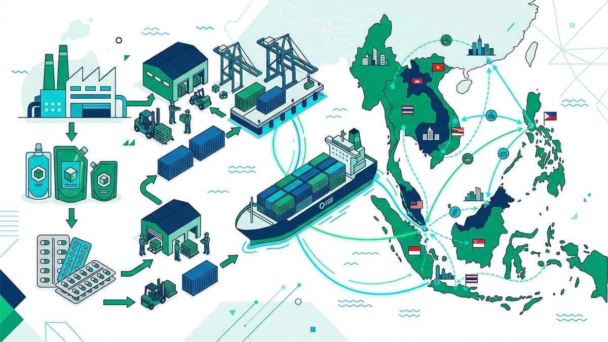 Đồ họa minh họa mạng lưới thương mại xuất khẩu bao bì thực phẩm và dược phẩm sang các nước ASEAN