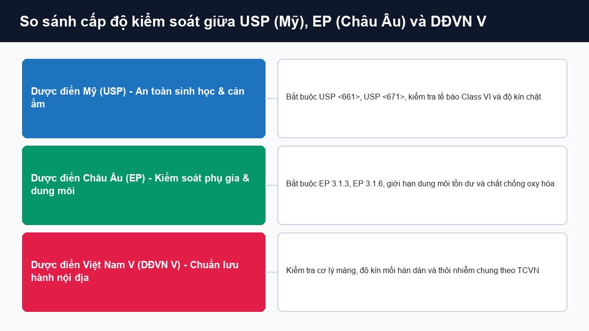 So sánh tiêu chuẩn USP Mỹ EP Châu Âu và Dược điển Việt Nam V cho bao bì y tế