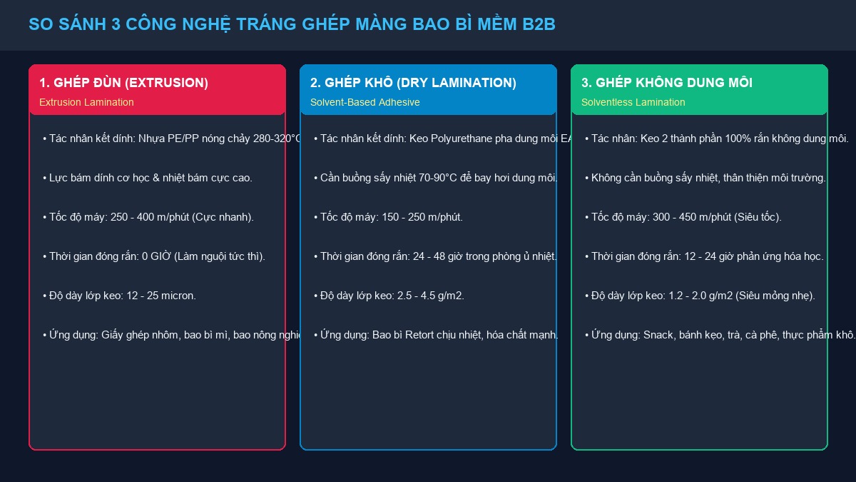 Minh họa phẳng Flat 2D so sánh 3 công nghệ tráng ghép màng ghép đùn ghép khô và solventless