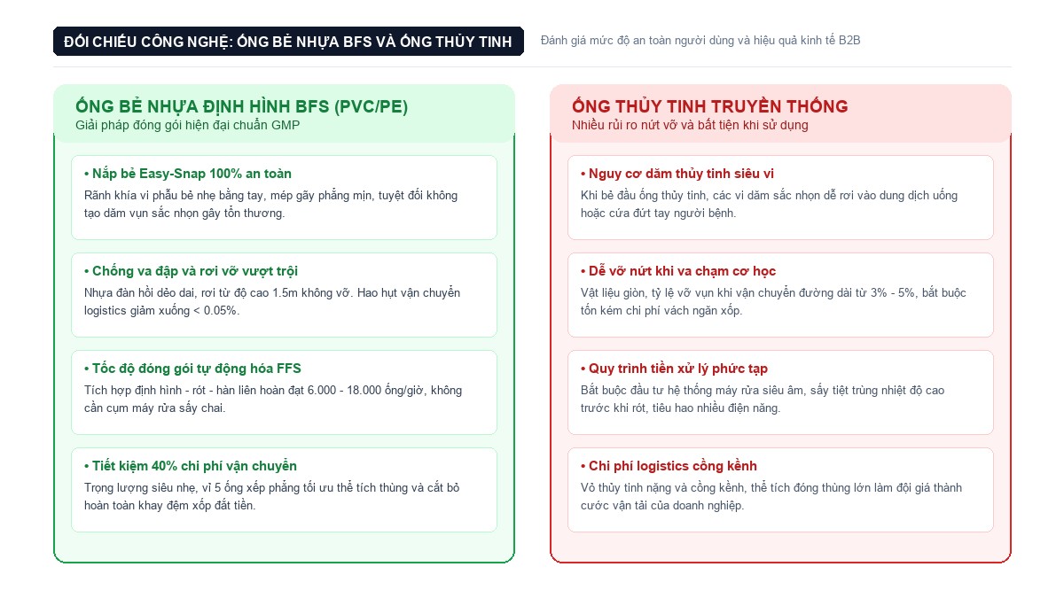 Infographic đối đầu công nghệ ống bẻ nhựa BFS định hình và ống thủy tinh truyền thống