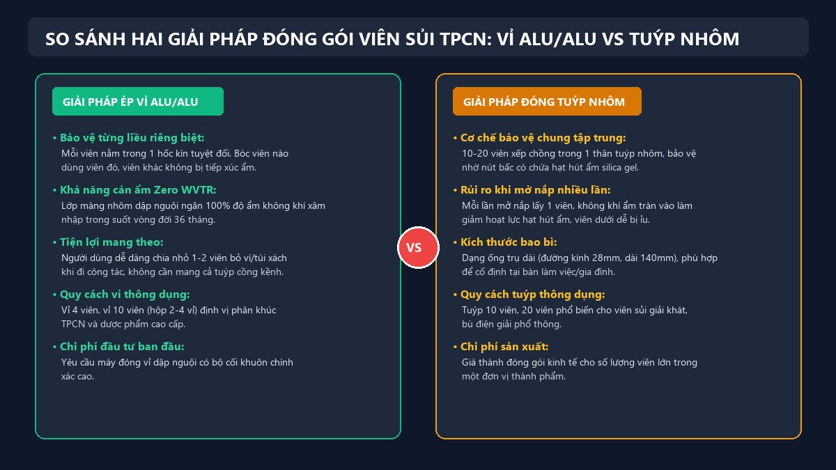 So sánh hai giải pháp đóng gói viên sủi TPCN vỉ Alu Alu và tuýp nhôm