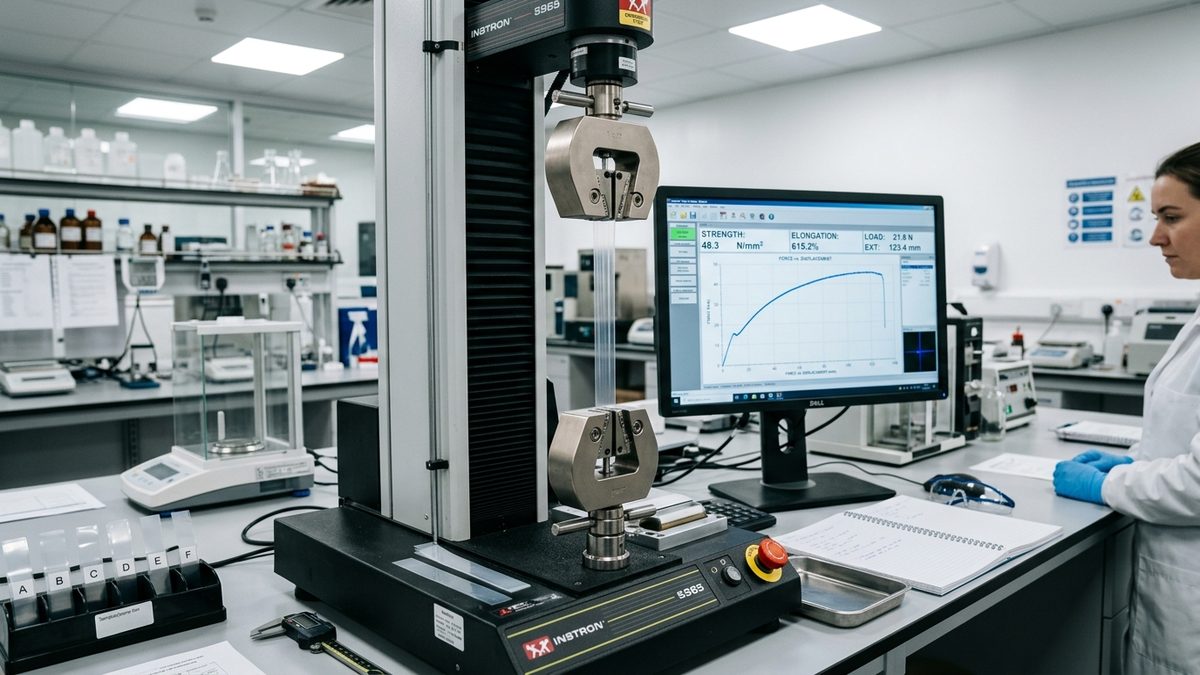 Kiểm định cơ lý màng mỏng bằng máy đo lực kéo đứt và độ giãn dài Tensile test trong phòng lab bao bì