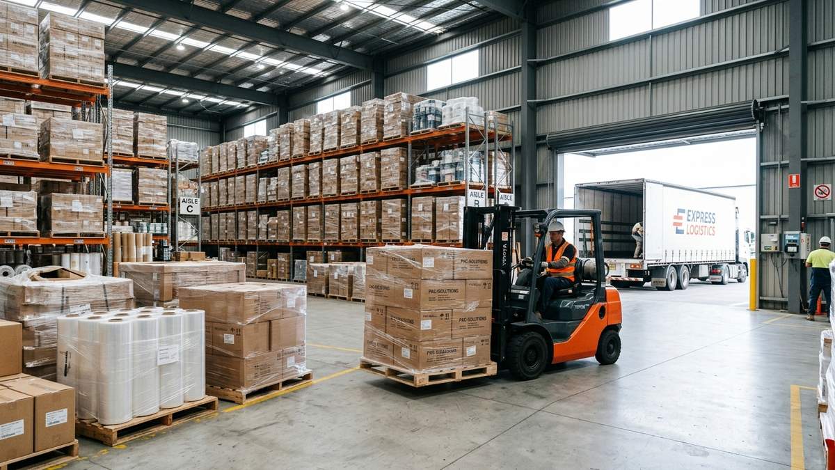 Kho thành phẩm bao bì màng ghép đóng pallet sẵn sàng giao hàng