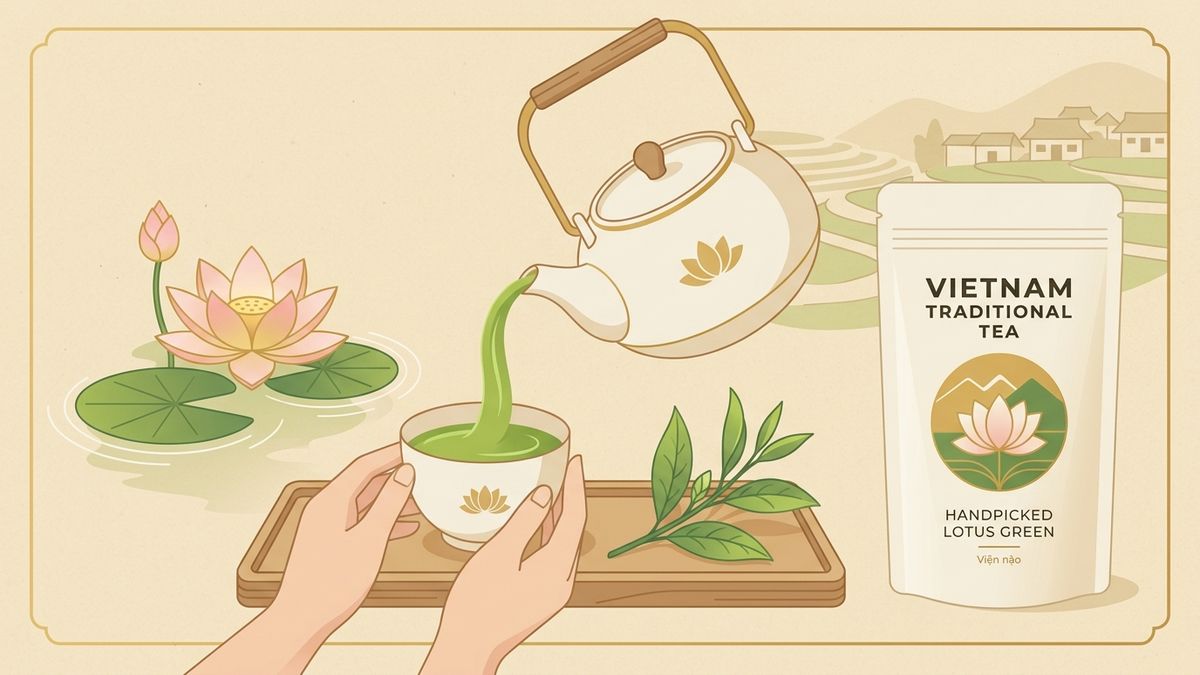 Minh họa đồ họa phẳng nghệ thuật thưởng trà và bao bì trà Việt