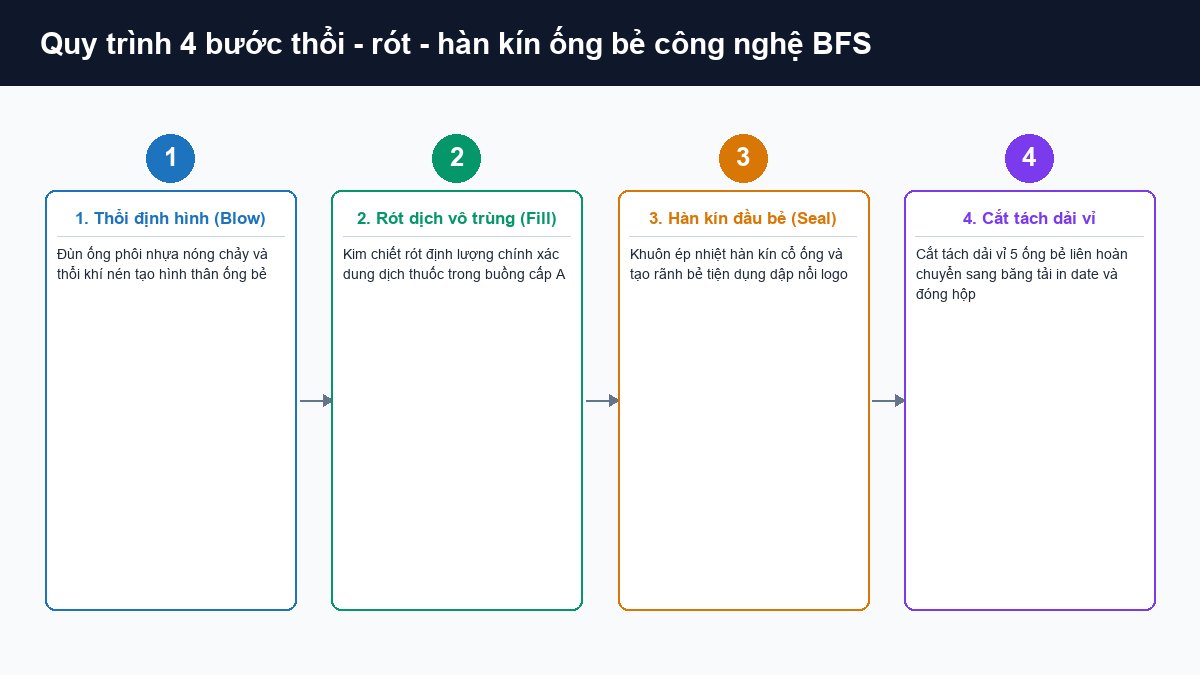 Quy trình 4 bước thổi chai rót dịch hàn kín và cắt tách dải ống bẻ BFS