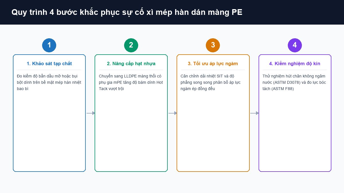 Quy trình 4 bước kỹ thuật khắc phục sự cố xì mép hàn nhiệt màng PE khi đóng gói bột và dầu mỡ