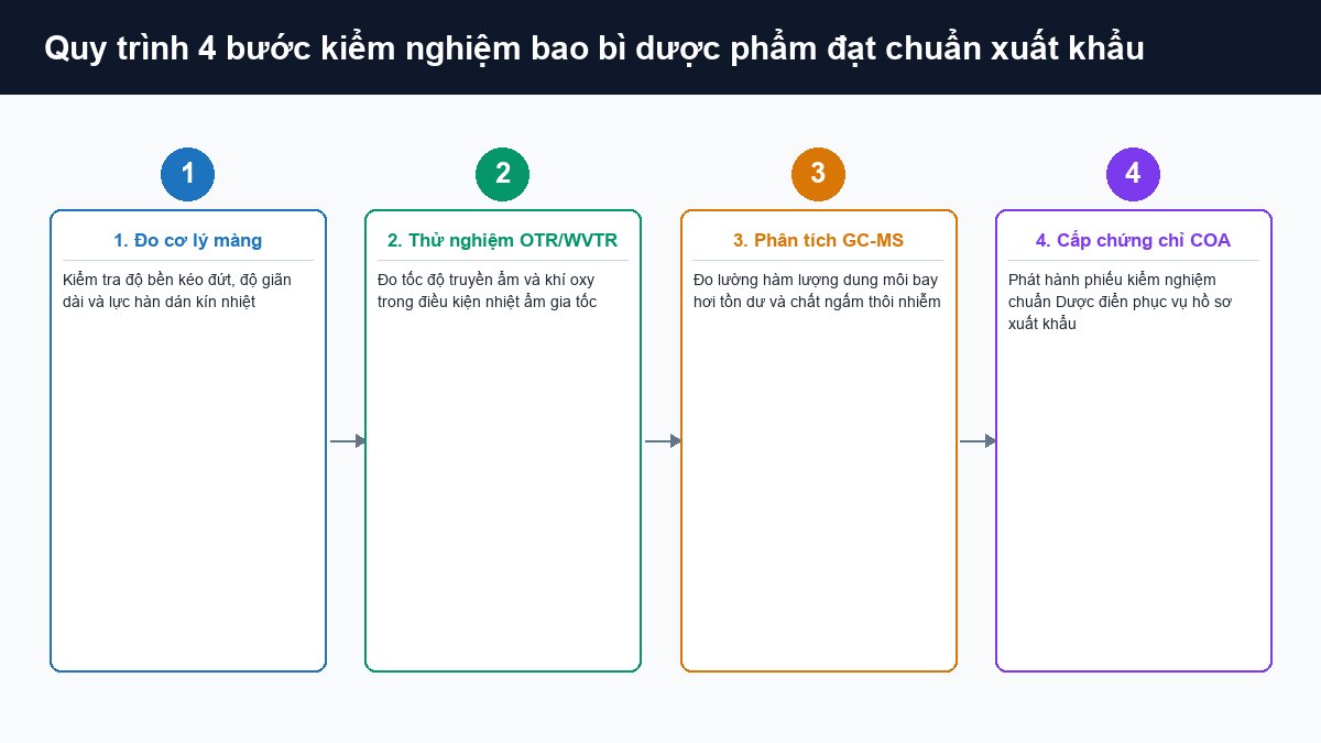 Quy trình 4 bước kiểm nghiệm cơ lý đo OTR WVTR phân tích GC MS và cấp COA bao bì xuất khẩu