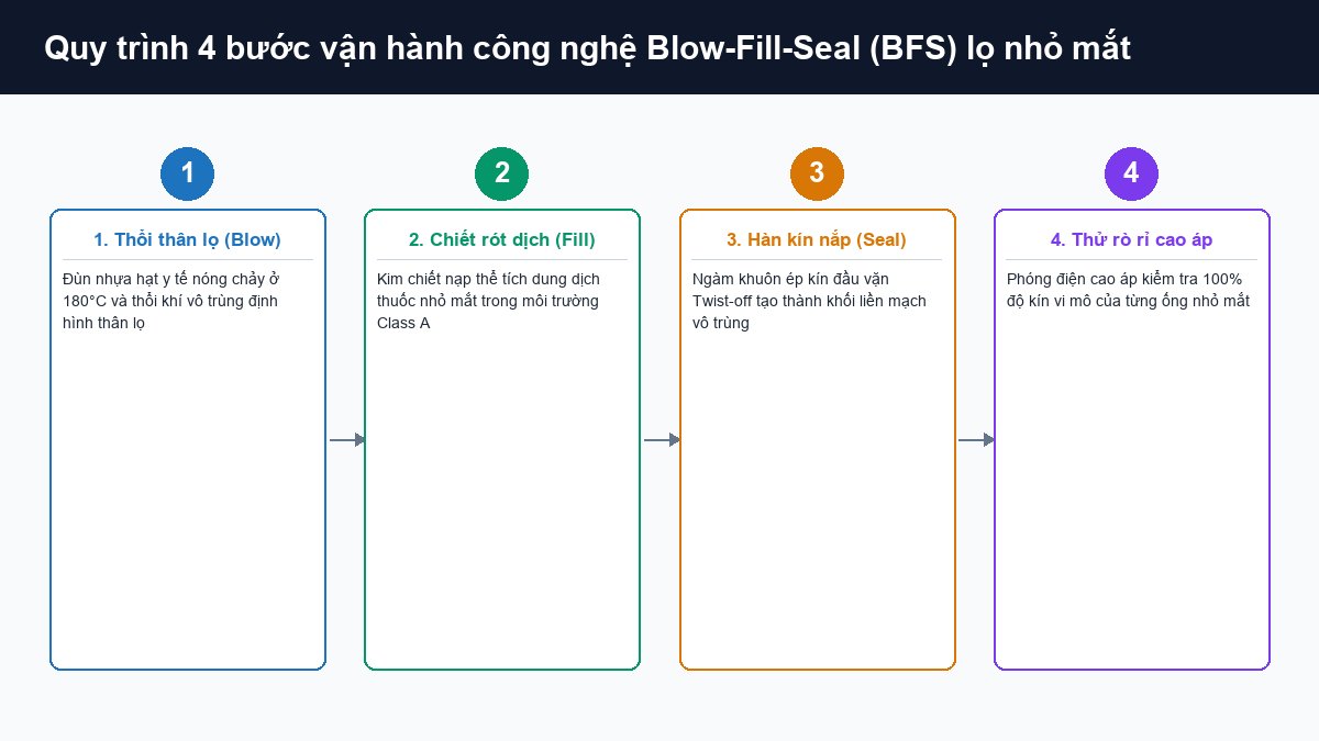 Quy trình 4 bước công nghệ BFS thổi thân lọ chiết rót hàn nắp và kiểm tra rò rỉ