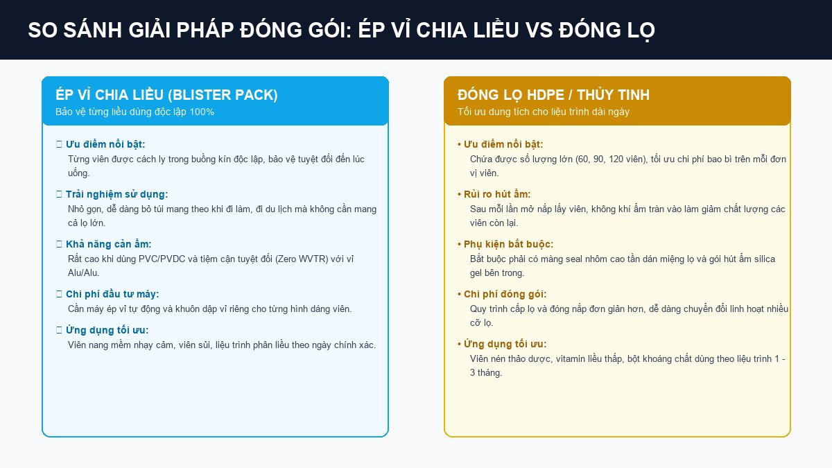Bảng so sánh ưu nhược điểm giải pháp ép vỉ chia liều và đóng lọ HDPE cho viên uống TPCN