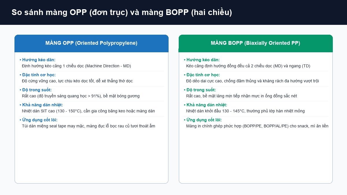Sơ đồ so sánh cấu trúc định hướng phân tử giữa màng OPP đơn trục và màng BOPP hai chiều