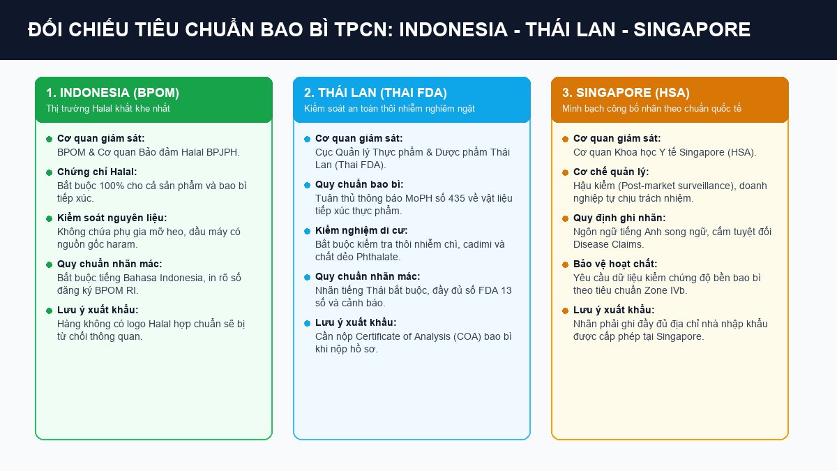 Bảng đối chiếu quy định pháp lý bao bì TPCN giữa Indonesia Thái Lan và Singapore