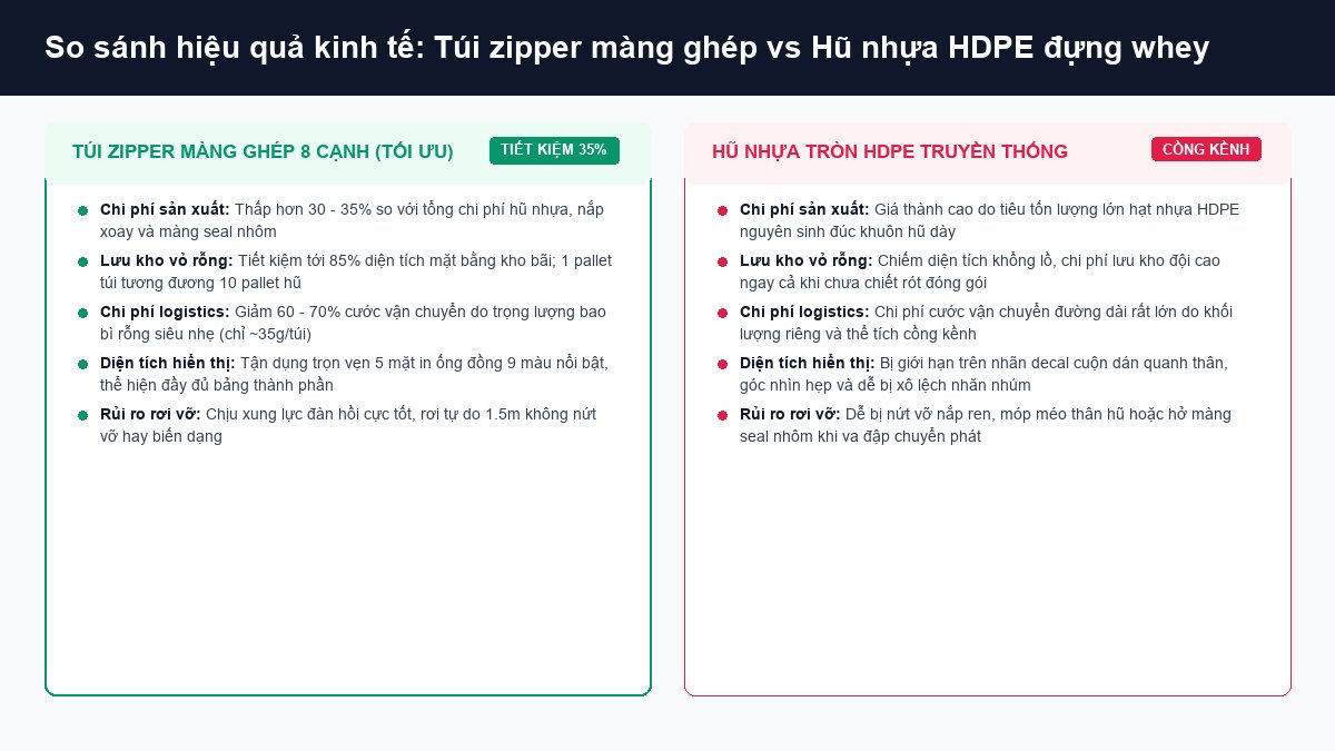 Bảng so sánh túi zipper màng ghép và hũ nhựa tròn HDPE về chi phí bao bì diện tích kho và logistics
