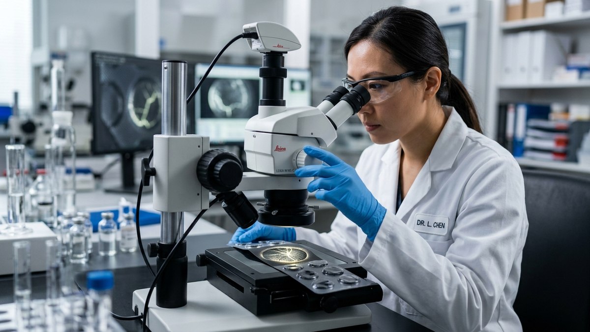 Kỹ thuật viên phòng lab sử dụng kính hiển vi quang học kiểm tra vết nứt vi mô đáy khoang vỉ nhôm