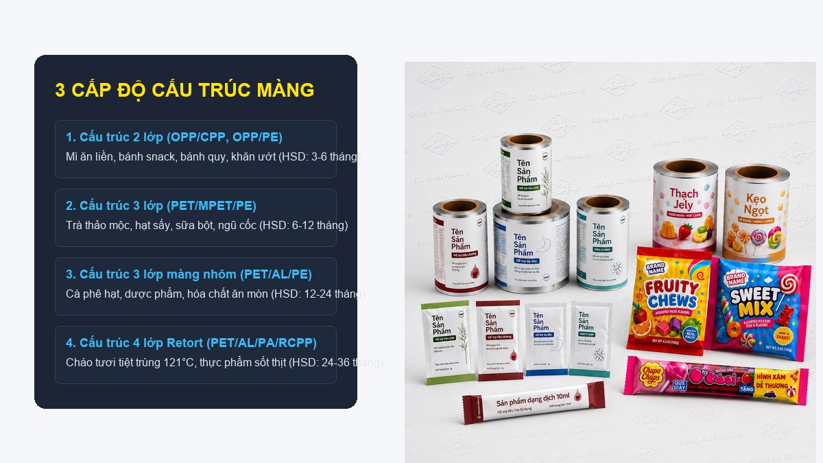 Các mẫu bao bì màng ghép 2 lớp 3 lớp và 4 lớp thực tế sản xuất tại xưởng Đông Âu Packing