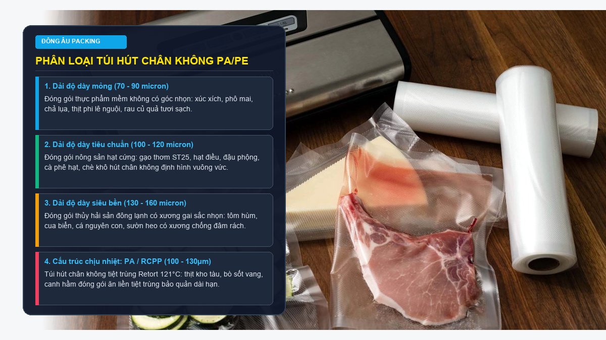 Các mẫu túi hút chân không PA PE thực tế gồm túi đựng thực phẩm mềm nông sản hạt và thủy hải sản đông lạnh
