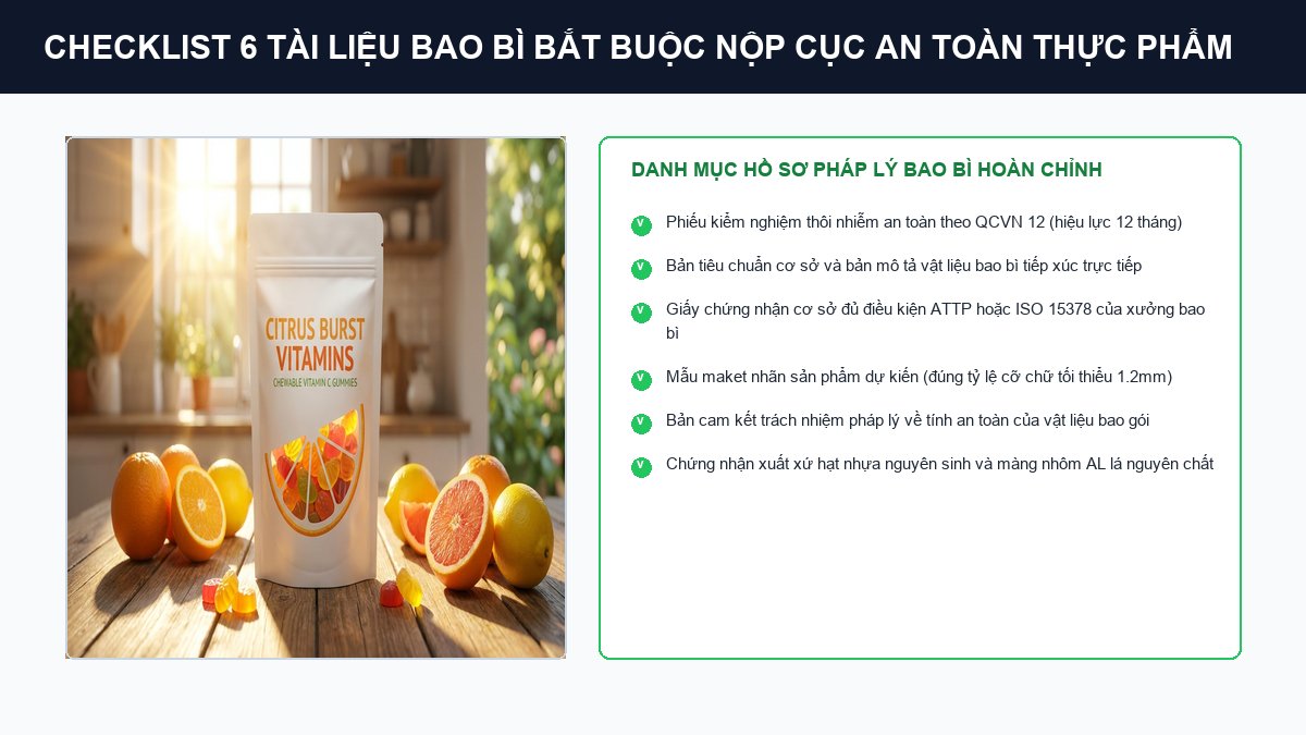 Checklist 6 tài liệu bao bì bắt buộc nộp Cục An toàn thực phẩm theo Nghị định 15