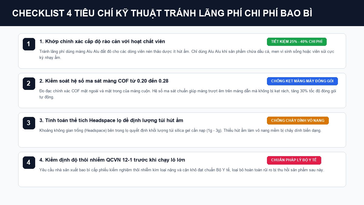 Bảng checklist 4 tiêu chí kỹ thuật tối ưu chi phí và chống kẹt màng máy đóng gói TPCN