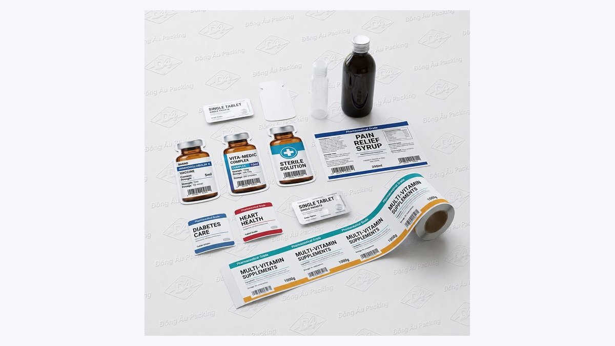 Các mẫu decal dán nhãn lọ thuốc cuộn decal y tế sản xuất tại xưởng Đông Âu Packing