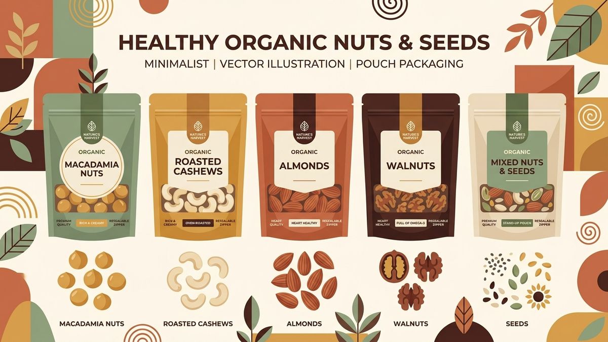 Đồ họa Flat 2D các loại hạt dinh dưỡng organic kết hợp bao bì hạt sấy hiện đại