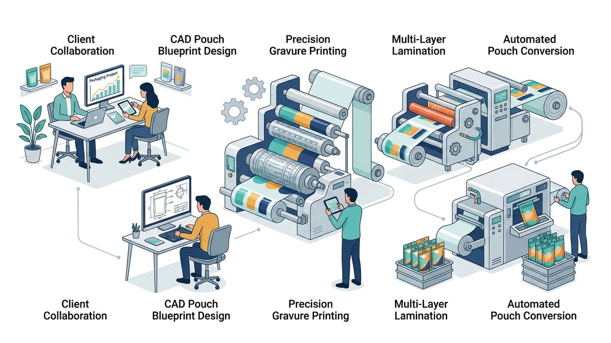 Đồ họa phẳng minh họa chuỗi quy trình gia công túi màng ghép OEM ODM từ thiết kế đến thành phẩm