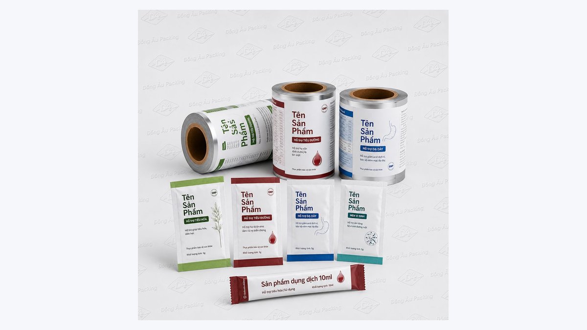 Các cuộn màng ghép in ấn và gói sachet khăn cồn lau vết thương Đông Âu Packing