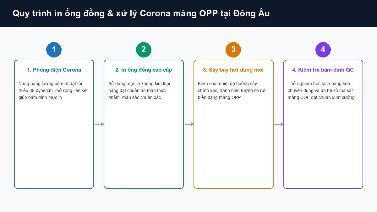 Sơ đồ quy trình 4 bước in ống đồng và xử lý phóng điện Corona bề mặt màng OPP đạt 38 dyne