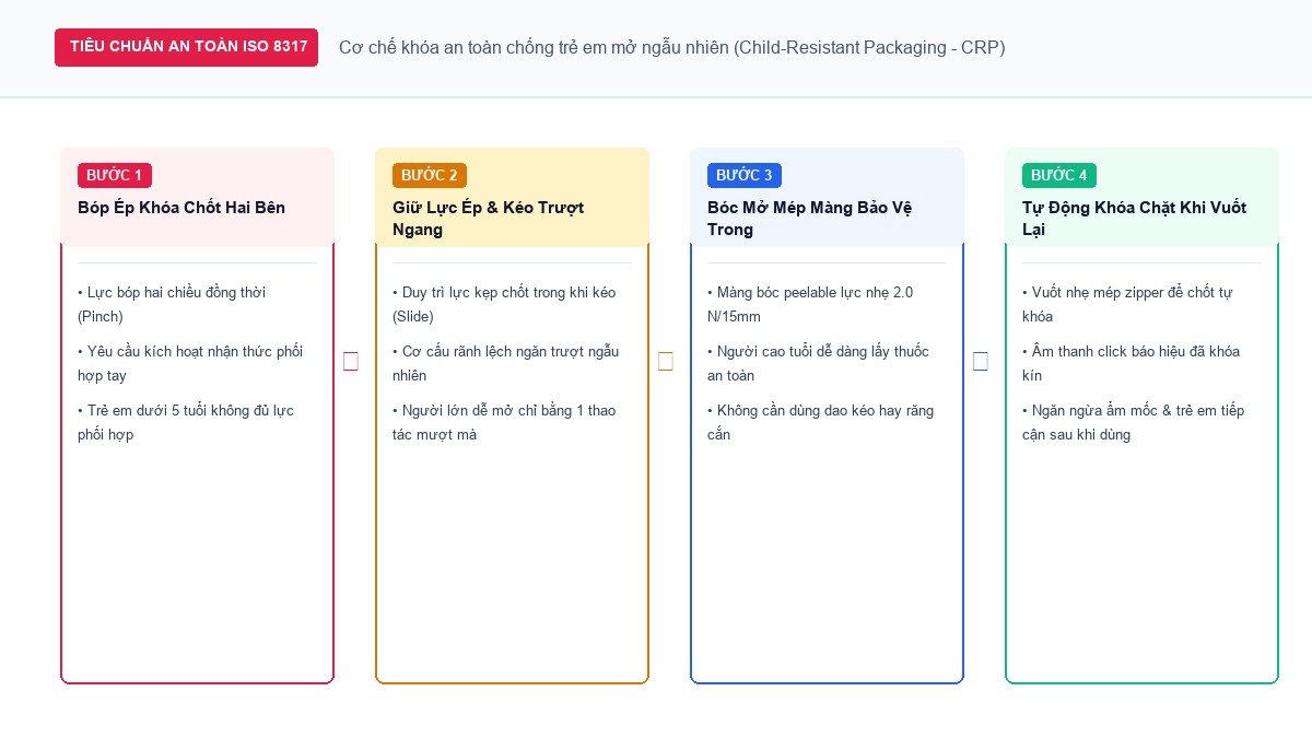 Sơ đồ cơ chế khóa an toàn chống trẻ em mở ngẫu nhiên Child-Resistant Packaging CRP theo chuẩn quốc tế ISO 8317