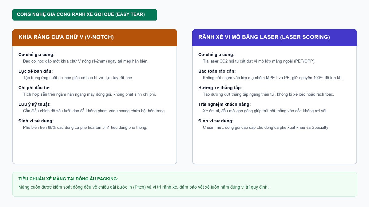 Sơ đồ công nghệ rãnh xé Easy Tear chữ V và laser bao bì cà phê hoà tan