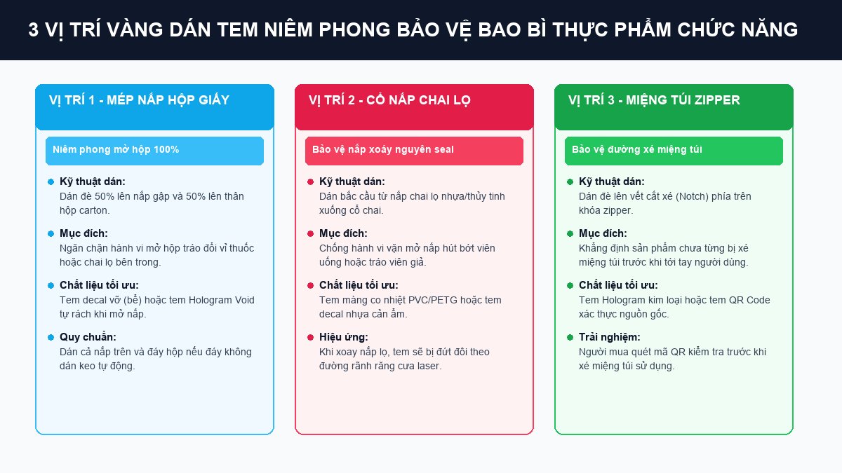 3 vị trí vàng dán tem niêm phong chống bóc mở tráo ruột bao bì thực phẩm chức năng Sơ đồ 3 vị trí dán tem niêm phong chống hàng giả trên hộp giấy cổ chai lọ và túi zipper