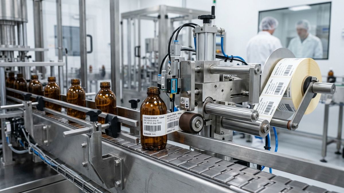 máy dán nhãn cuộn tự động dán chai siro trong nhà máy dược