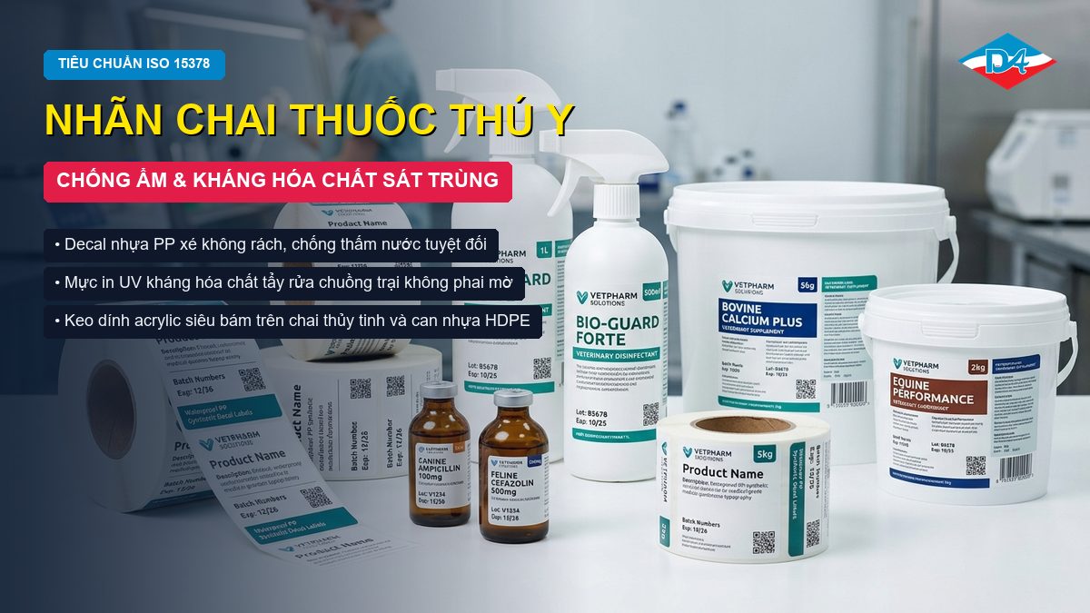 Sản xuất nhãn chai thuốc thú y decal nhựa PP chống ẩm và kháng hóa chất