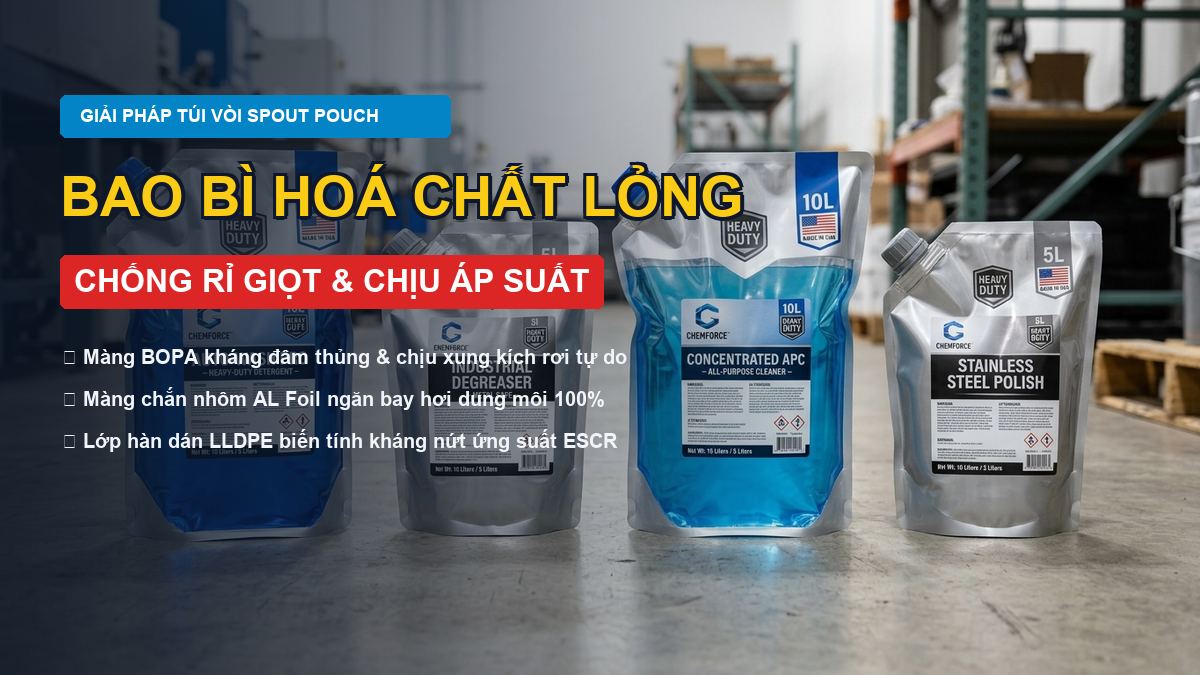 Sản xuất bao bì hoá chất dạng lỏng túi vòi spout pouch chống rỉ giọt