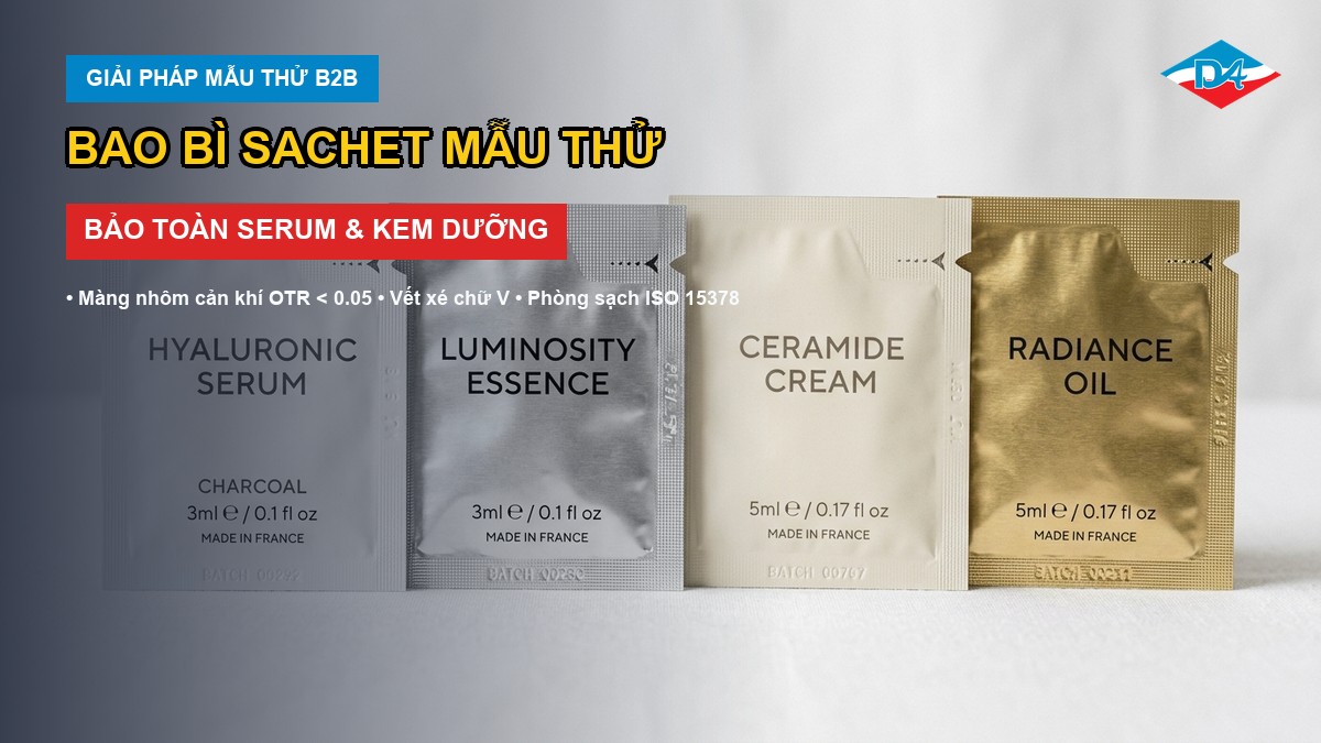 Bao bì sachet mẫu thử mỹ phẩm bảo toàn hoạt chất kem serum chuẩn phòng sạch