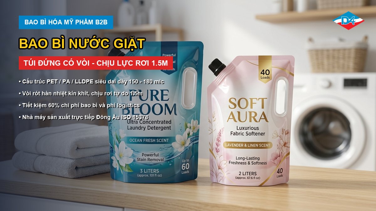 Bao bì nước giặt túi đứng có vòi rót chịu lực cao sản xuất tại nhà máy Đông Âu