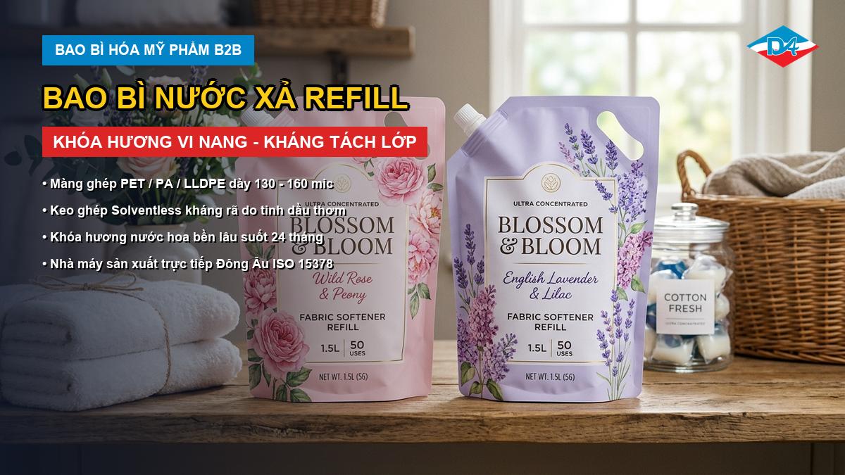 Bao bì nước xả refill túi vòi chịu lực bền bỉ sản xuất tại nhà máy Đông Âu
