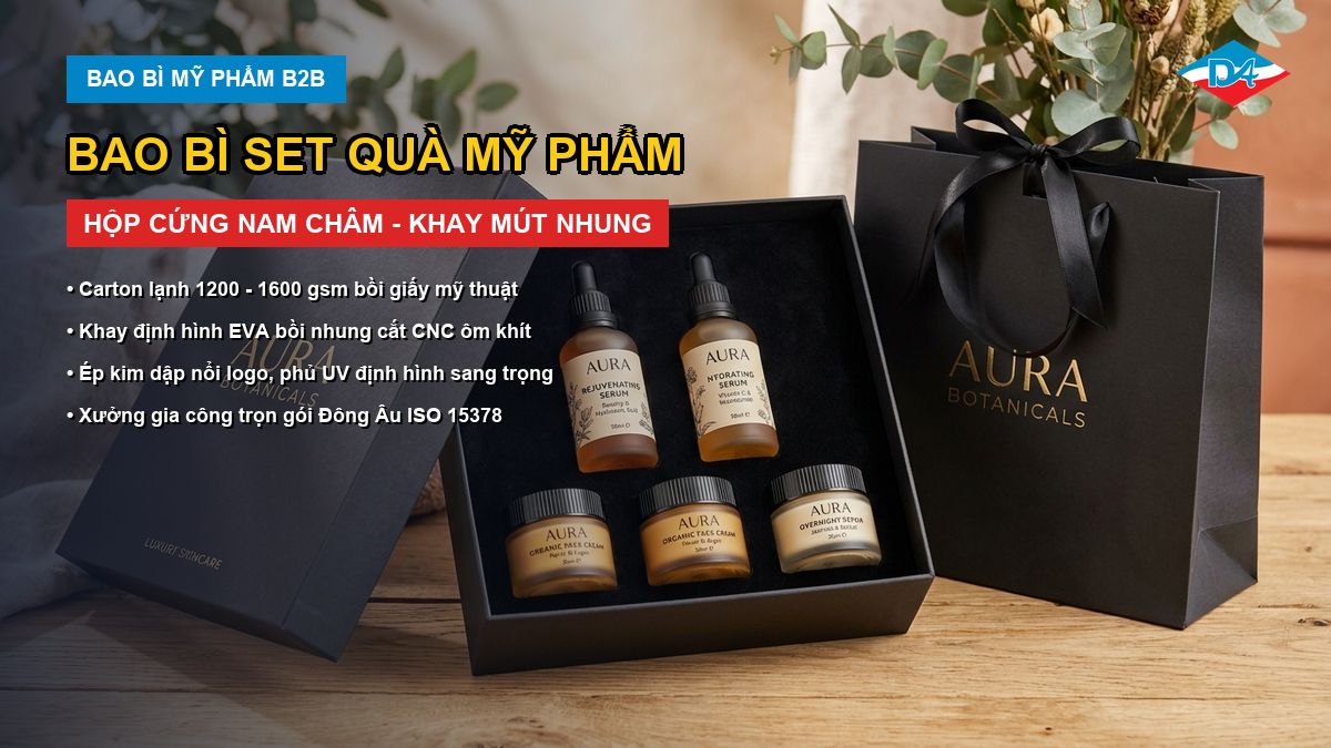 Bao bì set quà mỹ phẩm cao cấp nắp nam châm lót khay nhung đen sản xuất tại Đông Âu