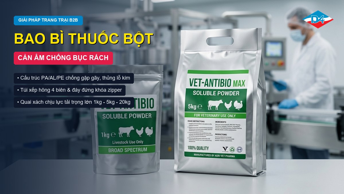 Sản xuất bao bì thuốc bột gia súc cản ẩm chống bục rách va đập
