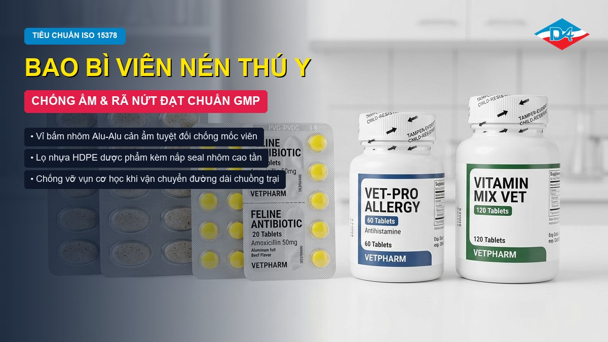 Sản xuất bao bì viên nén thú y vỉ bấm Alu và lọ nhựa HDPE chống ẩm